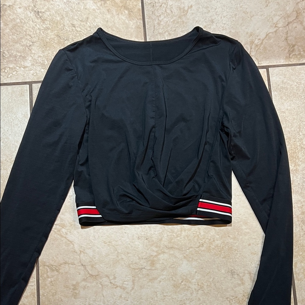 Fabletics Black Crop Top with Red and White Stripes